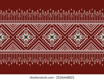 Complex Aztec-inspired seamless pattern in deep maroon and cream. Showcases intricate geometric shapes, zigzag lines, and symbolic motifs. Perfect for tribal-themed projects, textiles.