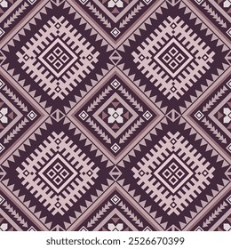 Complex Aztec-inspired seamless pattern in purple tones. Showcases intricate geometric shapes, zigzag lines, and symbolic motifs. Perfect for ethnic-themed projects, textiles, and tribal decor.