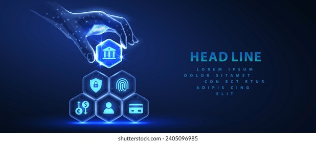 Sistema bancario complejo. Hexagons hizo pirámide y mano digital. Asistente virtual, avión de servicio bancario, agente artificial, tecnología de banca digital, integración segura de IA, concepto de fintech futurista