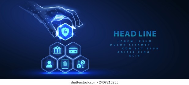 Sistema bancario complejo. Hexagons hizo pirámide y mano digital. Asistente virtual, avión de servicio bancario, agente artificial, tecnología de banca digital, integración segura de IA, concepto de fintech futurista