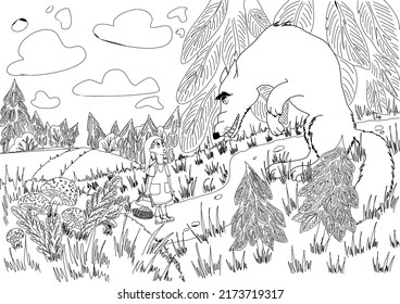 Complex big coloring Little Red Riding Hood. Meeting of a girl and a wolf. Coloring book for children and adults, black and white image.