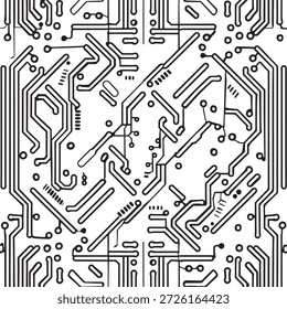 Complex black line art illustration of a microchip texture, ideal for computing, engineering, and digital themes