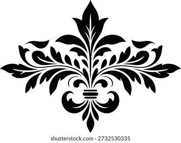 Crista ornamental preta complexa com motivos foliares simétricos e pergaminho fluente, ideal para composições gráficas formais.