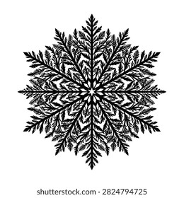 Complex black snowflake symbol isolated on white background. Intricate frost crystal design perfect for winter holidays, seasonal print, cold weather themes and festive decoration.