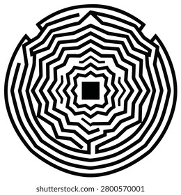 A complex black and white circular geometric maze design with sharp jagged lines forming a labyrinthine conceptual illustration