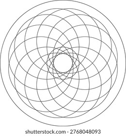 A complex black and white circular mandala featuring a dense lattice of interlocking circular lines that create a rhythmic, spirograph-style pattern. The design is contained within a minimalist thin-line outer frame, balancing high-density internal detail with clean edges. This sophisticated graphic is ideal for technical branding, sacred geometry art, and modern digital textures.