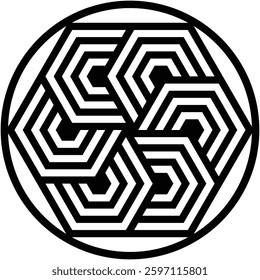 Complex black and white geometric design. Features interlocking hexagonal shapes forming circular composition, resulting in a visually captivating and modern aesthetic.