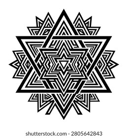 A complex black and white geometric pattern featuring interlocking triangles and star shapes in a symmetrical mandala design.