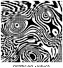 A complex black and white halftone image, evoking fluid dynamics with wave-like patterns and spiral formations, creating a sense of natural motion.