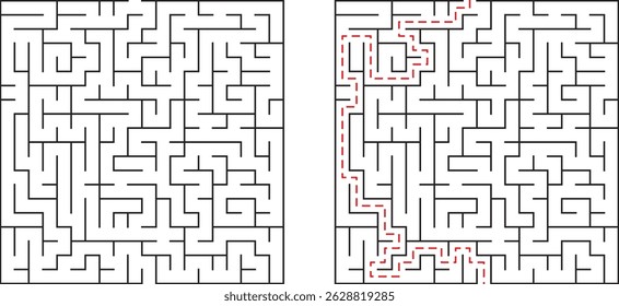 Complex black and white maze puzzle with solved path for problem solving and solutions