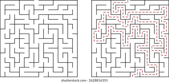 Komplexes schwarz-weißes Labyrinth mit einem roten Pfad, der die Lösung für Problemlösung oder Konzept anzeigt