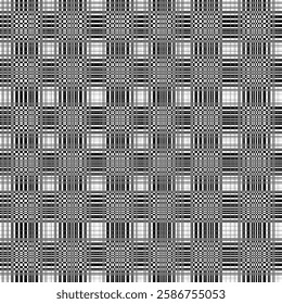 A complex black and white plaid pattern with intersecting horizontal and vertical lines forming a grid