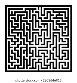 Complex black and white square maze puzzle with intricate paths and dead ends on a clean white background design