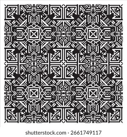 A complex black and white tessellation featuring repeating symmetrical abstract shapes.