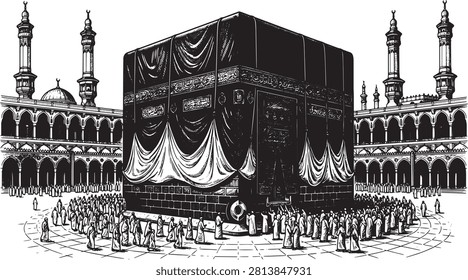 Complex black and white vector depicting holy city of mecca with worshippers and traditional islamic architectural arch.