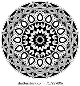 Complex blank and white mandala design with basic shapes. Abstract vintage tribal ornament for adult and senior coloring and decoration. 