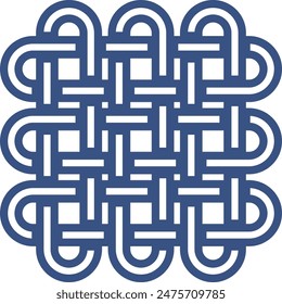 Complex blue Celtic knot design isolated white background. Intricate interlaced lines loops forming traditional symbol. Celtic artwork, endless path graphic pattern, navy blue monochromatic