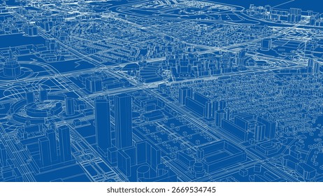 A complex blueprint of a cityscape with intricate building outlines and street layouts on a blue background. Vector rendering of 3d. 3D Illustration