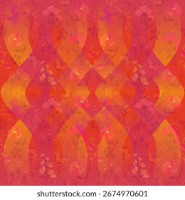 Complejo ornamento botánico en esquema de color rojo y naranja. Hermoso bordado floral. Patrón sin fisuras con flores bordadas.