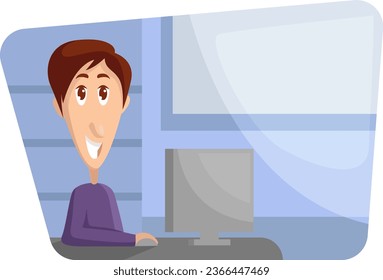 Complex boy in purple shirt, illustration, vector on a white background.