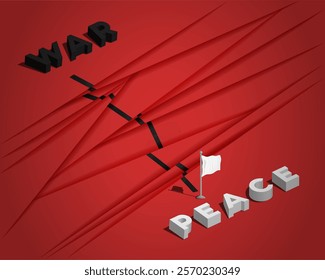 Complex broken road from black word War to white word Peace on red background. 3d isometric, top view. Simple illustration showing the difficulty of achieving peace. Path from war to peace