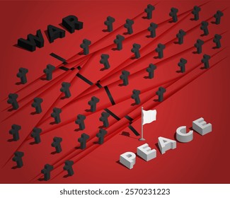 Complex broken road with gravestones from black word War to white Peace on red background.3d isometric,top view.Simple illustration showing the difficulty of achieving peace.Path from war to peace