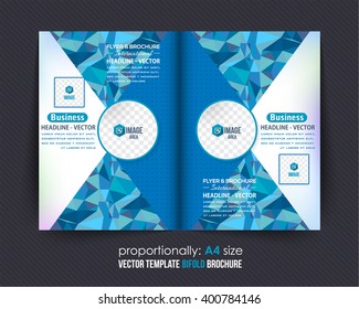 Complex Business Bi-Fold Brochure Design. Corporate Leaflet, Cover Template, Blue Colors Low Poly Elements