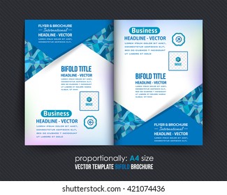 Complex Business Bi-Fold Brochure Design. Corporate Leaflet, Cover Template, Blue Colors Low Poly Elements