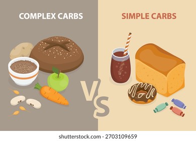 Complex carbs and simple carbohydrates comparison. Whole grain bread, buckwheat, beans, fruits, and vegetables versus a sugary drink, candy, and a donut. 3D flat isometric vector poster.