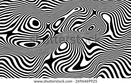 Complex and chaotic black and white abstract pattern with thick, swirling, liquid-like lines. Classic Op Art (Optical Art) style vector.