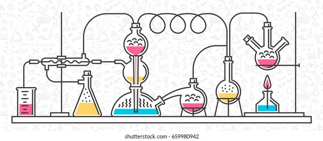 A complex chemical reaction. Construction of laboratory glassware, equipment. Vector illustration of a minimalistic style of line icons. Background of random science formulas, notes.