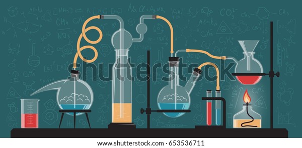 複雑な化学反応実験 ガラスフラスク及び実験室装置の組成 ベクター画像のカラーイラスト 再構成が可能です のベクター画像素材 ロイヤリティフリー