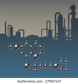 Complex chemical scheme of molecules on industrial background vector illustration