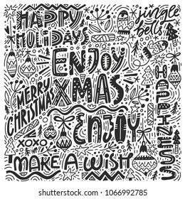 Complex Christmas black and white lettering. Premade set of greeting cards made in unique style. 
