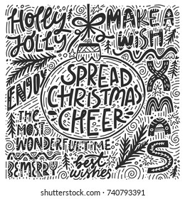 Complex Christmas black and white lettering. Premade set of greeting cards made in unique style. 