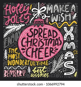 Complex Christmas lettering. Premade set of greeting cards made in unique style. 