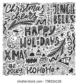 Complex Christmas lettering. Premade set of greeting cards made in unique style. 
