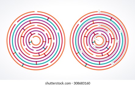 Complex circle maze. Transparent overlapping colorful linear vector labyrinth 