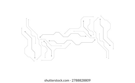 Complex circuit board wiring with blue lines and connection dots on white background