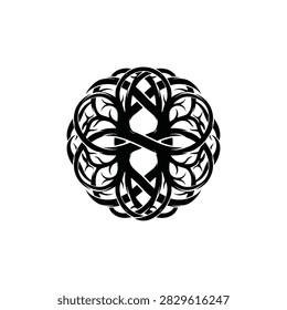 A complex circular design featuring interwoven Celtic knot patterns and stylized tree branches, symbolizing nature and eternity.