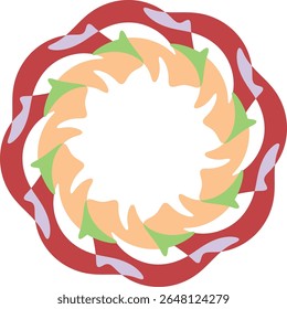 A complex circular design with layered red, green, and orange abstract shapes. Dynamic and colorful pattern on white.