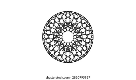 A complex circular geometric pattern with fine black lines forming a symmetrical mandala on a white background