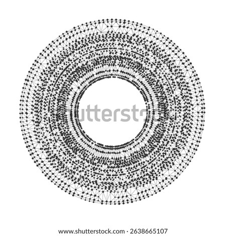 Complex circular network structure with geometric connections and broken torus pattern ideal for technology, science, or data visualization concepts isolated on white background vector illustration