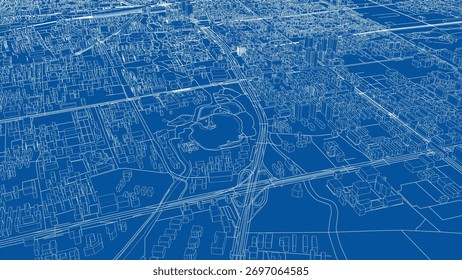 A complex city blueprint with white lines on a blue background, showing streets, buildings, and parks. Vector. 3D Illustration