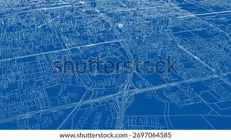 A complex city blueprint with white lines on a blue background, showing streets, buildings, and parks. Vector. 3D Illustration
