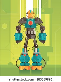 Complex Clean and futuristic action robot illustration, with lots of mechanic and electronic details. Features a modern technological laboratory background.