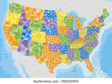 Complex colorful USA political map with every county and major city.