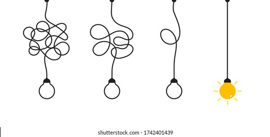 Complex complicated process easy solution, simplify problem, untangling mess knot in simple line, simplest right way, good idea concept vector illustration