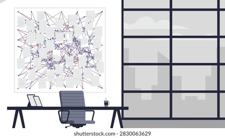 Complex conspiracy board with pinned documents and connecting strings hangs above executive desk in modern office.