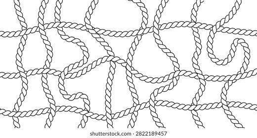 A complex and continuous black outlined rope pattern, creating a seamless interlocked net or web texture on a clean white surface.